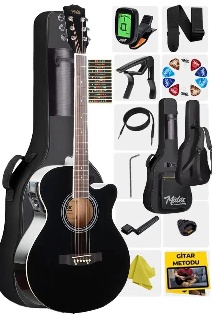 Midex XC-300XBK-EQ Profesyonel Siyah Elektro Akustik Gitar 4/4 Yetişkin Üst Segment (Gigbag Çanta Tuner Capo Askı Jak Kablo Pena) Midex XC-300XBK-EQ Profesyonel Siyah Elektro Akustik Gitar 4/4 Yetişkin Üst Segment (Gigbag Çanta Tuner Capo Askı Jak Kablo Pena)