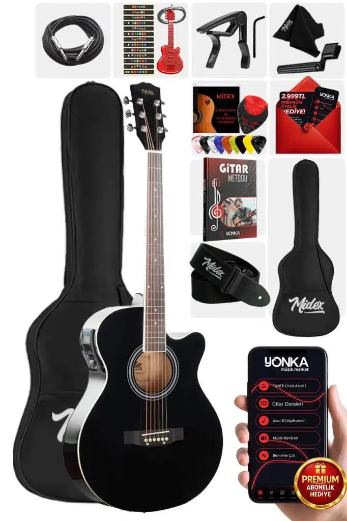 Midex XC-300XBK-EQ Profesyonel Siyah Elektro Akustik Gitar 4/4 Yetişkin Üst Segment (Gigbag Çanta Tuner Capo Askı Jak Kablo Pena)