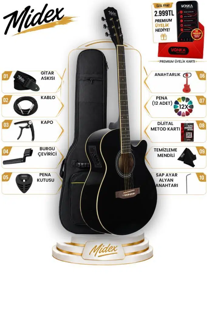 Midex XC-300XBK-EQ Profesyonel Siyah Elektro Akustik Gitar 4/4 Yetişkin Üst Segment (Gigbag Çanta Tuner Capo Askı Jak Kablo Pena)