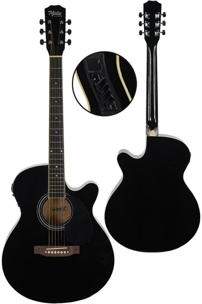 Midex XC-300XBK-EQ Profesyonel Siyah Elektro Akustik Gitar 4/4 Yetişkin Üst Segment (Gigbag Çanta Tuner Capo Askı Jak Kablo Pena)