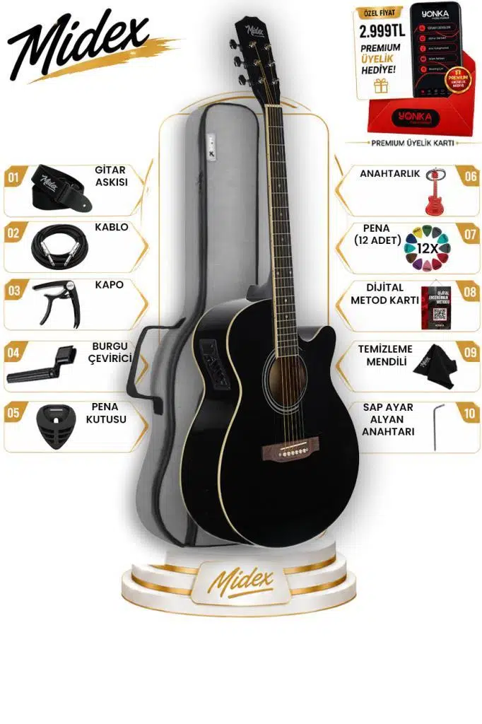 Midex XC-300XBK-EQ Profesyonel Siyah Elektro Akustik Gitar 4/4 Yetişkin Üst Segment (Gigbag Çanta Tuner Capo Askı Jak Kablo Pena)