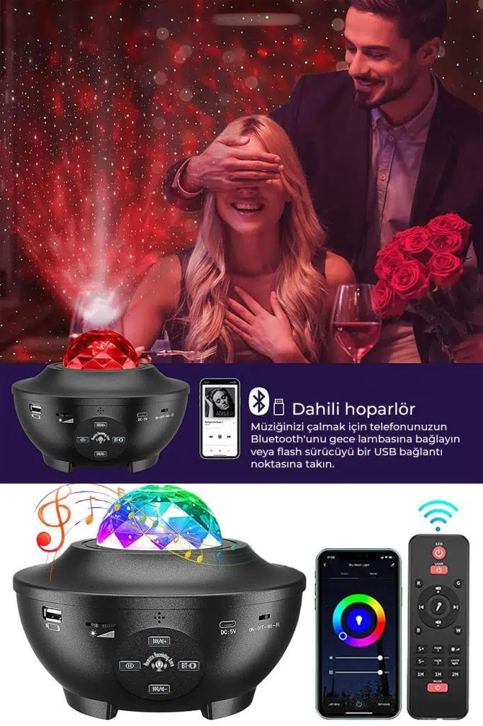 Quenlite OC-12 Bluetooth'lu LED Gökyüzü Işıkları Bulutsu Okyanus Dalgası Projektörü Eğlence Disko Parti