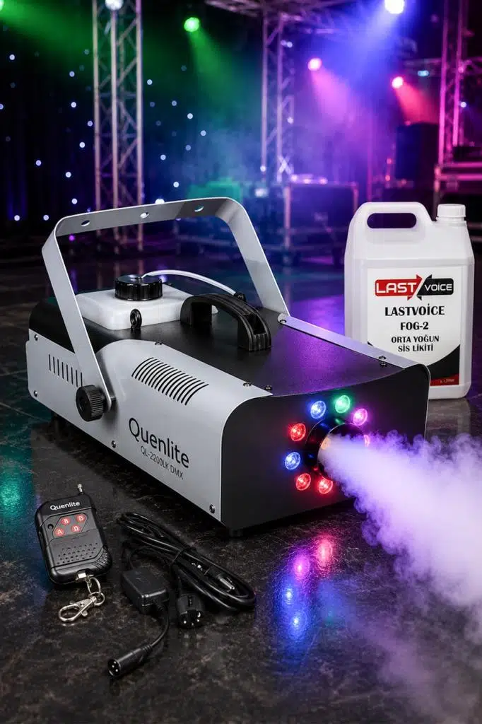 Quenlite QL-2200LK DMX RGB Sis Makinası 2200 Watt DMX Kontrollü LED Işıklı (5 Litre Likitli) Quenlite QL-2200LK DMX RGB Sis Makinası 2200 Watt DMX Kontrollü LED Işıklı (5 Litre Likitli)