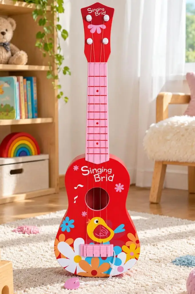 Rennes RKU-06RD Plastik Kırmızı Kuş Desenli Çocuk Oyuncak Ukulele