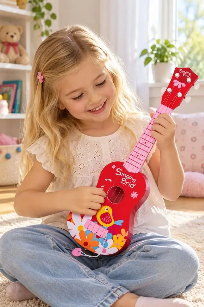 Rennes RKU-06RD Plastik Kırmızı Kuş Desenli Çocuk Oyuncak Ukulele