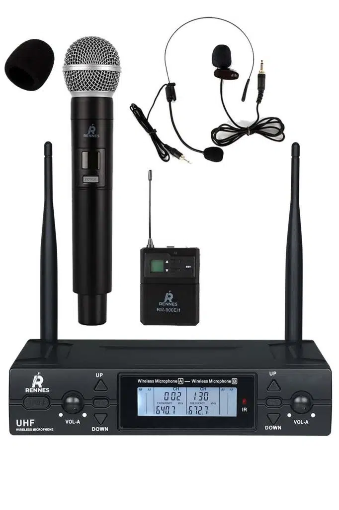 Rennes RM-900EH UHF 2x100 Kanal Çiftli Kablosuz EL Yaka Headset Mikrofonu Çift Anten LCD Ekran Rennes RM-900EH UHF 2x100 Kanal Çiftli Kablosuz EL Yaka Headset Mikrofonu Çift Anten LCD Ekran