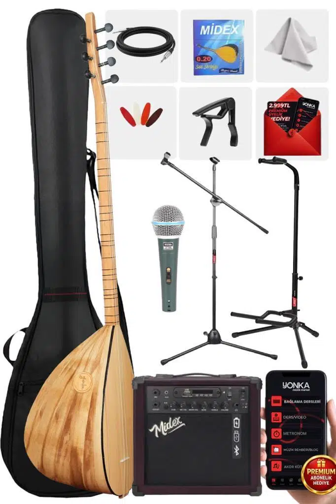 Yonka B-144U-AMP Amfili Uzun Sap Açık Karaağaç Kaliteli Saz Bağlama Seti