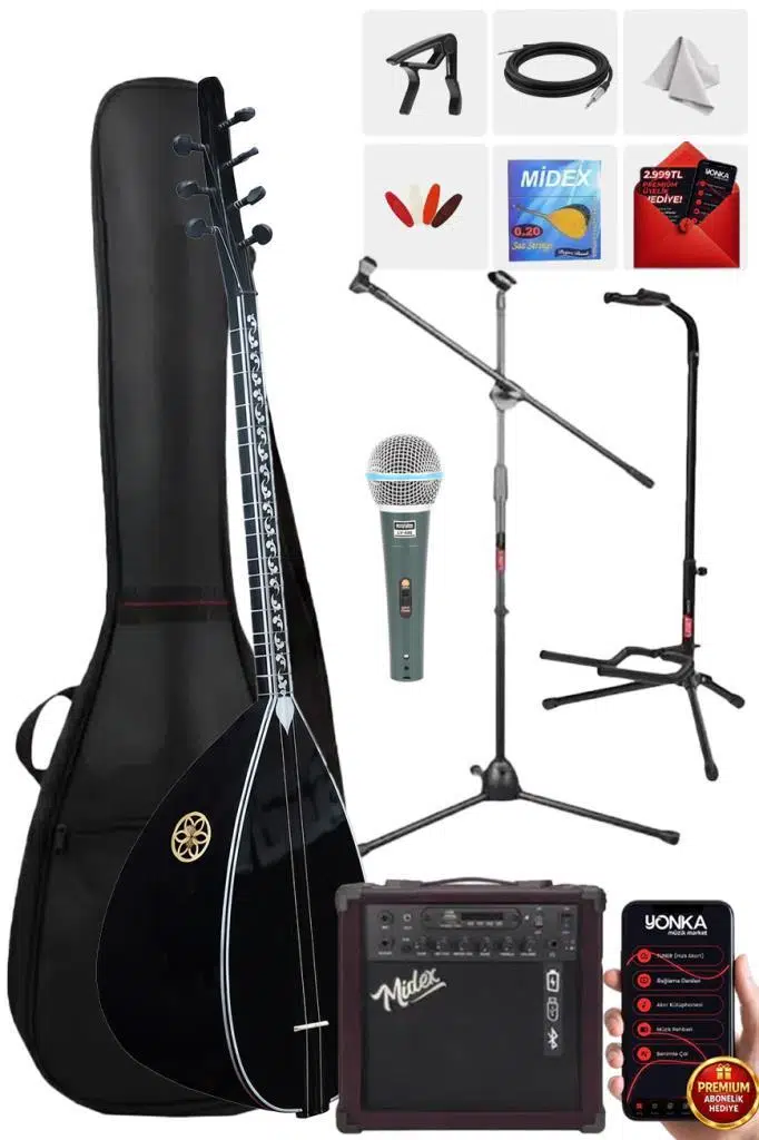 Yonka B-145K-AMP Amfili Kısa Sap Ceviz Ağacı Siyah İnci Kaliteli Saz Bağlama Seti