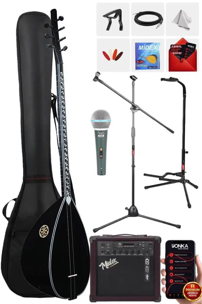 Yonka B-145U-AMP Amfili Uzun Sap Ceviz Ağacı Siyah İnci Kaliteli Saz Bağlama Seti