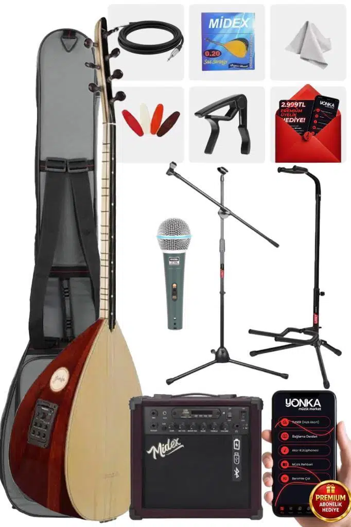 Yonka B-341K-AMP Amfili Kısa Sap Ardıç Ağacı Profesyonel Saz Bağlama Seti